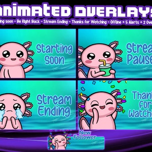 Cute Axolotl Animated Underwater Twitch Stream 5 Screens and 5 Alerts - Animated vTuber Backgrounds for Streamers - Vtuber - Stream Lofi