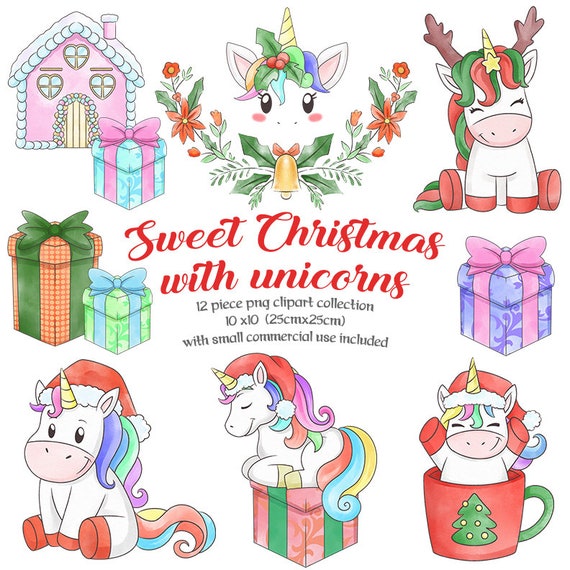 Download Christmas Watercolor Cute Unicorn Clip Art12 Piece Winter Etsy