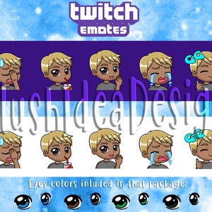 Cute Chibi Custom Blonde Hair Tan Boy - Waving, Hi, GG, Good Game, Facepalm, Cry, Sip - 5 Twitch Sub Emotes Package