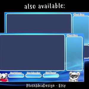 May include: Blue and white Twitch stream overlay with a cartoon polar bear wearing sunglasses. The overlay includes sections for a chat box, new follower, new subscriber, and new donor alerts. The text "PlushIdeaDesign - Etsy" is at the bottom of the overlay.