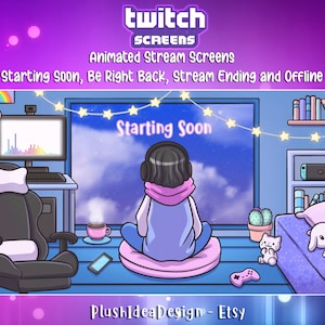 Animated Twitch Overlay, Stream Screens scenes: Cute Black Hair Girl - Night Bedroom with led,Starting Soon,BRB,Stream Ending,Offline,Lofi