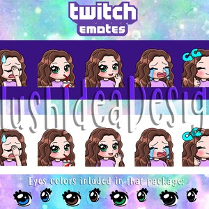 Cute Chibi Custom Brown Curly Hair Girl - Waving, Hi, GG, Good Game, Facepalm, Cry, Sip - 5 Twitch Sub Emotes Package