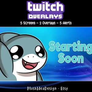 Twitch Screens, Alerts and Overlays Pack - Cute Shark, Kawaii Shark - Graphics for Streamer - Sea theme