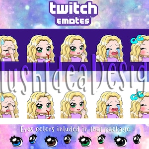 Cute Chibi Custom Blonde Curly Hair Girl - Waving, Hi, GG, Good Game, Facepalm, Cry, Sip - 5 Twitch Sub Emotes Package