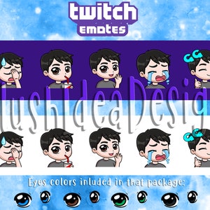 Cute Chibi Custom Black Hair Boy - Waving, Hi, GG, Good Game, Facepalm, Cry, Sip - 5 Twitch Sub Emotes Package