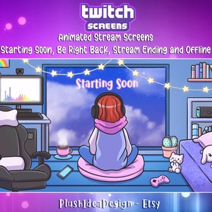 Animated Twitch Overlay, Stream Screens scenes: Cute Red Hair Girl - Night Bedroom with led,Starting Soon,BRB,Stream Ending,Offline,Lofi