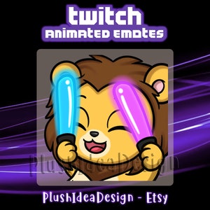 Op de afbeelding: Geanimeerde Twitch-emote met een cartoon-leeuw die twee gloeiende lichtstokken vasthoudt, een blauwe en een paarse. De leeuw glimlacht en heeft een gelukkige uitdrukking. De tekst "twitch animated emotes" staat boven de leeuw.