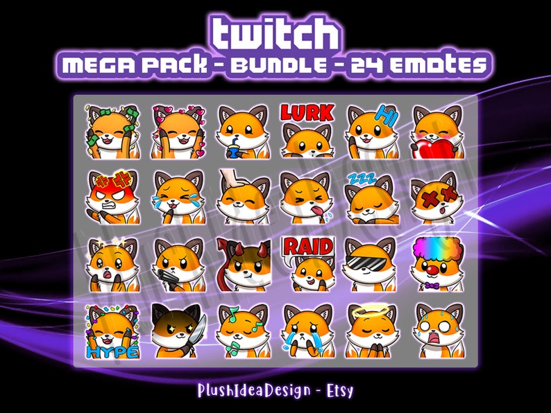Cute Kawaii Fox Mega Pack - 24 Twitch Sub Emotes Pack - Foxes - Twitch ...