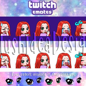 Cute Chibi Custom Red Straight Hair Girl - Waving, Hi, GG, Good Game, Facepalm, Cry, Sip - 5 Twitch Sub Emotes Package
