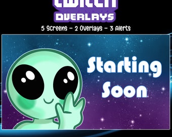 Twitch Screens, Alerts and Overlays Pack - Cute Alien - Graphics for Streamer, Space Theme, Ufo - Extraterrestrial