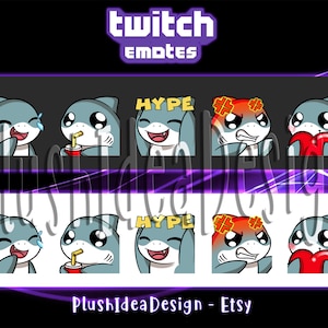 Cute Shark, Heart, Love, Hype, Sip, Angry, Rage, Lol, Laugh - 5 Twitch Sub Emotes Pack