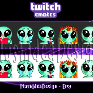 May include: Set of eight Twitch emotes featuring a green alien with different expressions, including love, crying, drinking, and angry. The emotes are designed in a cartoon style with large eyes and a cute appearance.