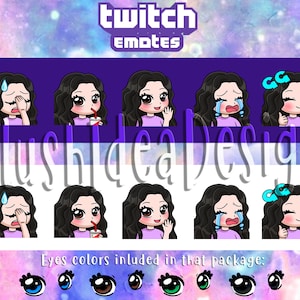 Cute Chibi Custom Black Curly Hair Girl - Waving, Hi, GG, Good Game, Facepalm, Cry, Sip - 5 Twitch Sub Emotes Package