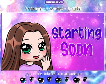 Twitch Screens, Alerts and Overlays Pack - Custom Cute Brown Straight Girl -  Graphics for Streamer