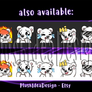 May include: A set of 10 digital polar bear emoji stickers. The stickers feature a variety of expressions, including angry, crying, and sunglasses. The text "Hi" is on one of the stickers. The text "PlushIdeaDesign - Etsy" is at the bottom of the image.