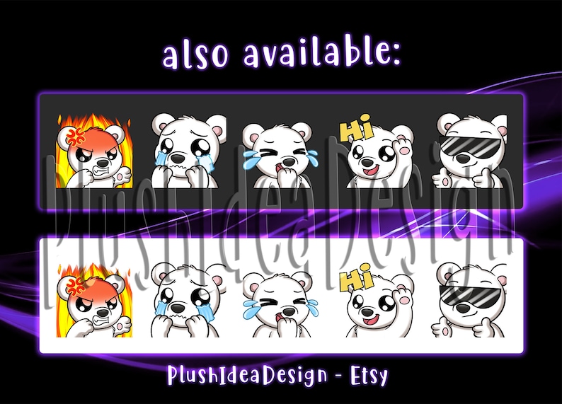 May include: A set of 10 digital polar bear emoji stickers. The stickers feature a variety of expressions, including angry, crying, and sunglasses. The text "Hi" is on one of the stickers. The text "PlushIdeaDesign - Etsy" is at the bottom of the image.