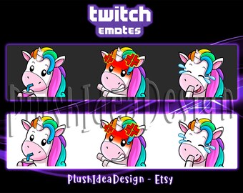 Cute Rainbow Unicorn Angry, Sip, Laugh, Lul, LOL - 3 Twitch Sub Emotes Pack