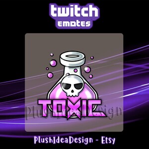 May include: Purple and white Twitch emote featuring a cartoon potion bottle with a skull inside and the word "TOXIC" written across the front.