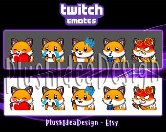 Cute Fox Waving, Hi, Angry, Rage, Cry, Heart, Sip - 5 Twitch Sub Emotes Pack - Animal Theme - Foxes
