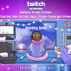 Animated Twitch Overlay, Stream Screens scenes: Cute Brown Hair Girl - Night Bedroom with led,Starting Soon,BRB,Stream Ending,Offline,Lofi