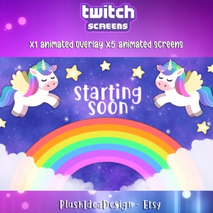 Superposición animada de Twitch, escenas de pantallas de transmisión: Lindo unicornio arcoíris estrellado - Unicornio de ensueño animado