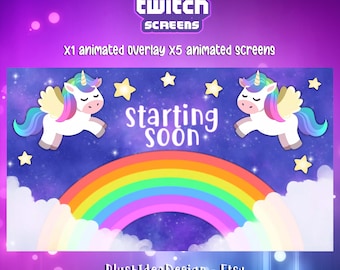 Animated Twitch Overlay, Stream Screens scenes: Cute Starry Rainbow Unicorn - Animated Dream Unicorn