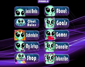 Cute Aliens Panels - 10 Twitch Panel Package - Graphics for Streamer - Space Theme, Ufo, Extraterrestrial