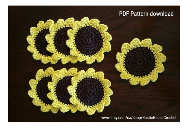 Classic Sunflower Coaster crochet pattern listing photo by RusticHouseCrochet