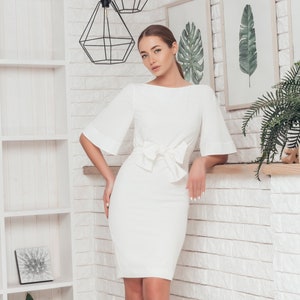 White pencil dress, Short courthouse wedding dress, Minimalist simple wedding dress, Elegant angel sleeve dress,  Cocktail dress midi