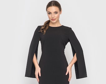 Black cape sleeve dress, Minimalist wedding guest dres, Midi going out dress, Mother of the bride wing sleeve dress, Midi birthday dress