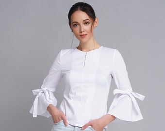 Elegant white blouse flared sleeves, Professional shirts for ladies, Cotton Blouse women, Button up tops for women, Bell sleeve shirt