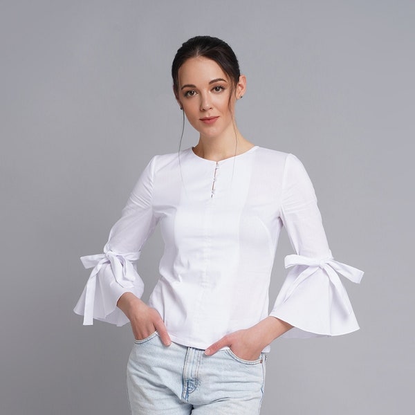 Elegant white blouse flared sleeves, Professional shirts for ladies, Cotton Blouse women, Button up tops for women, Bell sleeve shirt