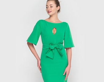 Flutter sleeve keyhole dress, Green mini cocktail  dress, Minimalist simple midi dress, Elegant pencil dress, Evening summer spring dress