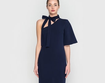 Robe de soirée à une manche marine, robe de sortie à col nœud mini, robe de cocktail asymétrique, cravate de robe d’invité de mariage, robe d’occasion d’été