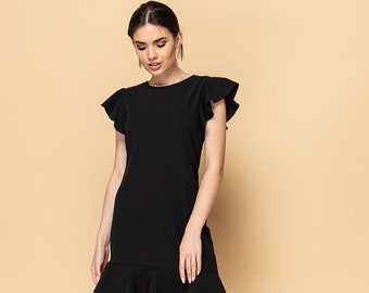 Black summer cocktail dress, Angel sleeve ruffled mini dress, Black party asymmetrical dress