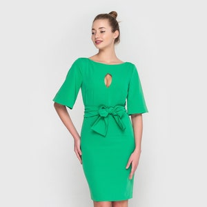 Flutter sleeve keyhole dress, Green mini cocktail  dress, Minimalist simple midi dress, Elegant pencil dress, Evening summer spring dress