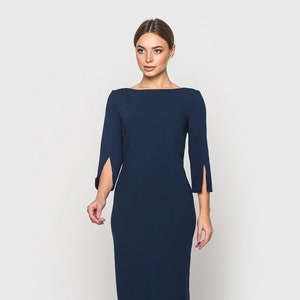 Elegant dark blue dress women, Navy occasion dress, Midi wedding guest dress, Slit sleeve dress, Professional dress, Modern office attire