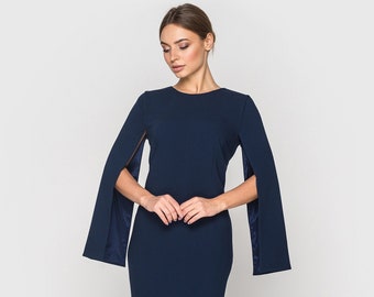 Cape sleeve midi dress, Mother of the bride dress, Navy Blue coctail dress, Wedding guest dress, Cape dress wedding guest, Mina Audin