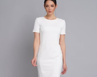 White sheath midi dress, Short sleeve cocktail party dress, Mother of the bride dress, Wedding guest dress, Simple short wedding dress