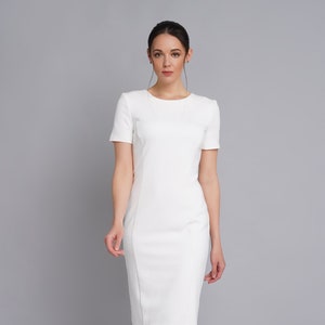 White sheath midi dress, Short sleeve cocktail party dress, Mother of the bride dress, Wedding guest dress, Simple short wedding dress