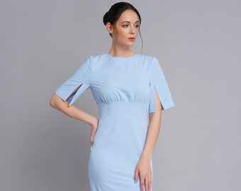 Sheath midi dress, Short sleeve cocktail party dress, Blue minimalist dress, Wedding guest dress, Dress women, Work modest dress