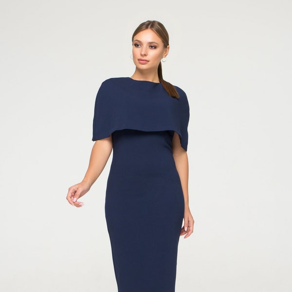 Blue cape dress women, Elegant cocktail dresses, Cape dresses for wedding, Unique dressy dress, Modern executive dress, Professional dress