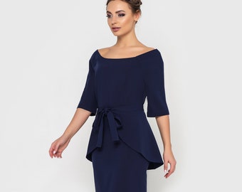 Midi dresses for women wedding guest, Mother of the bride groom dress, Navy blue boat neck pencil dress with removable peplum Cocktail Dress