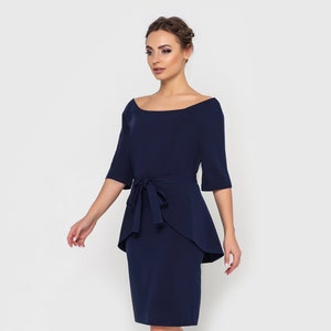 Midi dresses for women wedding guest, Mother of the bride groom dress, Navy blue boat neck pencil dress with removable peplum Cocktail Dress