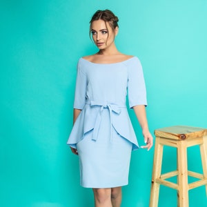 Light blue boat neck pencil dress with removable peplum, Mother of the bride groom dress, Midi dresses for women, Wedding guest dress sleeve