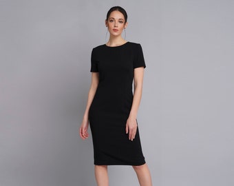 Little black dress, Chic career dress, Sheath midi dress, Short sleeve cocktail party dress, Wedding guest dress, Business pencil dress, LBD