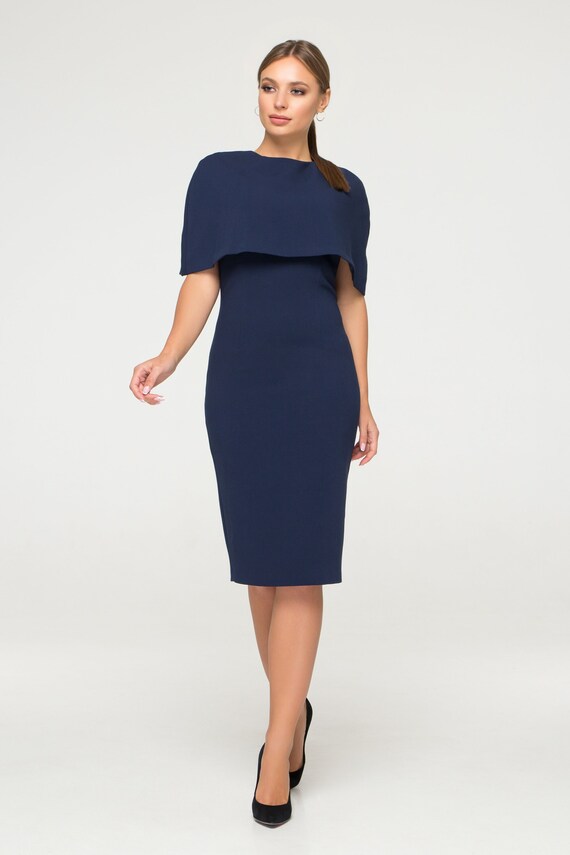Blue Cape Dress Women, Elegant Cocktail Dresses, Cape Dresses for Wedding,  Unique Dressy Dress, Modern Executive Dress, Professional Dress - Etsy