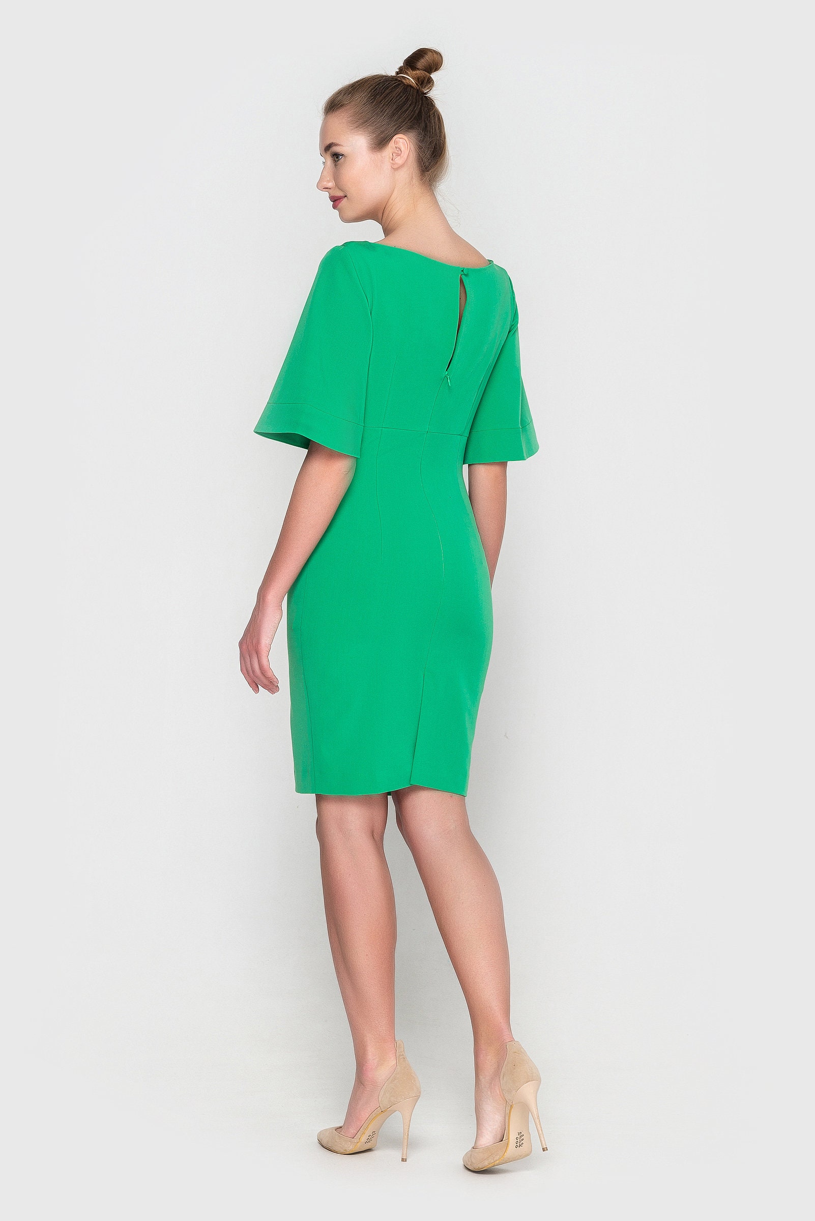 Cocktail mini dress Angel sleeve sheath keyhole dress Green | Etsy