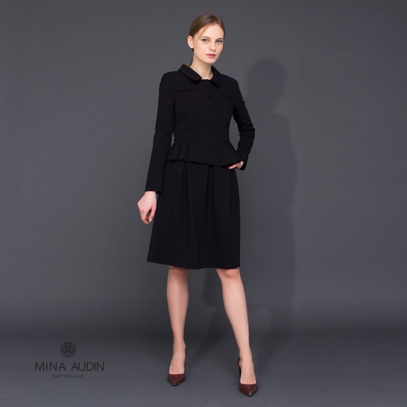 Black Women Suit, Women Skirt Suits Set, Long Sleeve Skirt Suit for