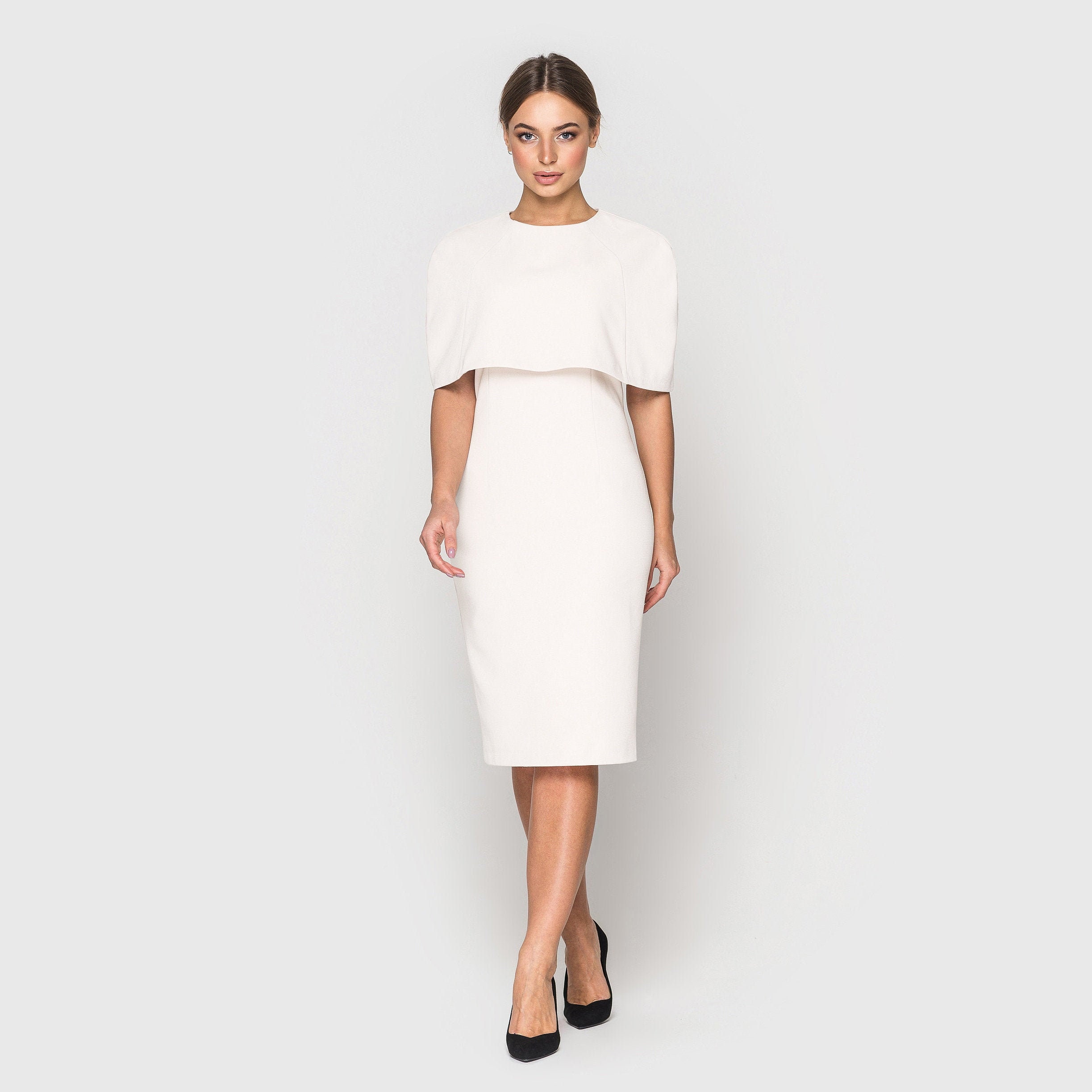 White Pencil Dress With Cape Simple ...